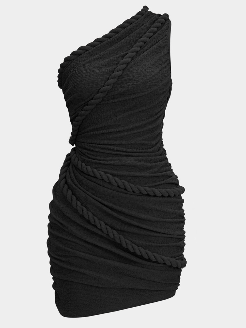 One-Shoulder Black Ruched Rope-Trim Mini Dress